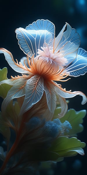 (A breathtaking zoomorphic fantasy creature holds a fragile bioluminescent flower close to its face. The creature is petite and enchanting, with expansive wide eyes. The flower, resembling a lantern crafted from leaves and translucent membranes, emits a soft blue glow. This scene is captured in an extreme close-up profile, reminiscent of the styles of Albert Koetsier, Ernst Haeckel, and Carne Griffiths), Detailed Textures, high quality, high resolution, high Accuracy, realism, color correction, Proper lighting settings, harmonious composition, Behance works,Cinematic,IMGFIX,ct-jeniiii