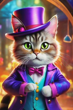 (A whimsical digital art cat in a magician's suit, Kawaii, colorful luminism, mystical fantasy, impressionist background, dynamic lighting, highly intricate and clear extremely ultra-detailed, majestic epic, very deep covering. depth of field), detailed textures, high quality, high resolution, high Accuracy, realism, color correction, Proper lighting settings, harmonious composition, Behance works,photo r3al