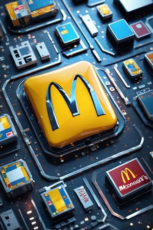 (This image is a digital artwork featuring the McDonald's brand symbol set in a sci-fi theme on a matrix panel. The background is made up of computer hardware elements, creating a complex and detailed composition.), detailed textures, high quality, high resolution, high Accuracy, realism, color correction, Proper lighting settings, harmonious composition, Behance works,shards,glass shiny style,glass