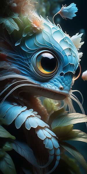 (A breathtaking zoomorphic fantasy creature holds a fragile bioluminescent flower close to its face. The creature is petite and enchanting, with expansive wide eyes. The flower, resembling a lantern crafted from leaves and translucent membranes, emits a soft blue glow. This scene is captured in an extreme close-up profile, reminiscent of the styles of Albert Koetsier, Ernst Haeckel, and Carne Griffiths), Detailed Textures, high quality, high resolution, high Accuracy, realism, color correction, Proper lighting settings, harmonious composition, Behance works,Cinematic,IMGFIX,ct-jeniiii