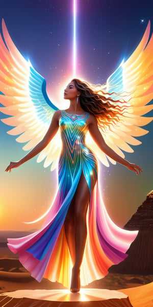 (The goddess Ma'at, with her wings outstretched towards the horizon, embodies the desert sunrise. She is a vision of stunning beauty, a mythical being radiating energy at the molecular level. Her iridescent and luminescent scales are a testament to breathtaking beauty and pure perfection. Her divine presence is unforgettable and impressive, enhanced by the volumetric light that creates auras and rays, reflecting vivid colors in a spectacular display.), Detailed Textures, high quality, high resolution, high Accuracy, realism, color correction, Proper lighting settings, harmonious composition, Behance works,Leonardo Style,pturbo,A girl dancing 