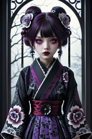 (A fusion of traditional Japanese aesthetics and gothic lolita fashion is depicted in this stunningly dark and horror-inspired image. very bright reddish brown eyes, The subject is a figure wearing an elegant kimono silhouette adorned with intricate gothic motifs, in deep shades of purple, black, and blood red. The image is either a painting or a photograph that exudes a sense of eerie beauty and captivating mystery. Every detail is meticulously crafted, showcasing a perfect balance of elegance and darkness that draws the viewer in with its high-quality presentation), Detailed Textures, high quality, high resolution, high Accuracy, realism, color correction, Proper lighting settings, harmonious composition, Behance works,Anime ,more detail XL,niji5,goth person