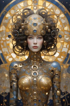 (Creature inspired by biomechanical style, entwined in Gustav Klimt's intricate patterns and ornate gold leaf embellishments, juxtaposed with Klimt's delicate figures, all portrayed in an oil painting, use of pattern, texture, signature Klimt motifs, golden ratio, highly detailed), detailed textures, high quality, high resolution, high Accuracy, realism, color correction, Proper lighting settings, harmonious composition, Behance works,shards,glass shiny style