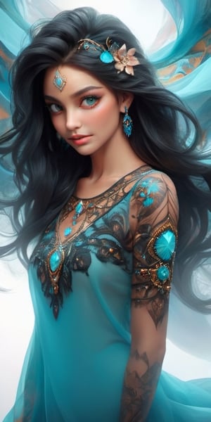 (A mesmerizing and visually stunning fractal art piece created by a renowned artist featuring a single female figure in tight clothing, with highly intricate details and vibrant colors) Tiffany blue, a formal artistic quality with a strong aesthetic appeal.Beautiful eyes, sparks, long straight black hair, Javanese kebaya, and the intricate beauty of fractal art shine in the depiction of this amazing woman. Whether it's a vivid painting or a mesmerizing photograph, her images mesmerize the viewer with their mesmerizing details and exquisite patterns. Every curve and color looks perfectly crafted The woman looks serene and graceful; intricate fractal patterns adorn her flowing hair and delicate features, creating a sense of awe and wonder within her), Detailed Textures, high quality, high resolution, high Accuracy, realism, color correction, Proper lighting settings, harmonious composition, Behance works,ct-niji2,dream,chinese girls