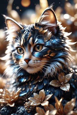 (fantastically beautiful gothic museum collection of tropical cat, swirl of sparks, fantasy art, ultra detail, hyperrealism, glitter and shimmer, paisley, floral print, fine details, bokeh and shimmering dust, fog, dark world, paint splatter, black/beige, Miki Asai Macro photography, close-up, hyper detailed, trending on artstation, sharp focus, studio photo, intricate details, highly detailed), detailed textures, high quality, high resolution, high Accuracy, realism, color correction, Proper lighting settings, harmonious composition, Behance works,shards,glass shiny style,glass