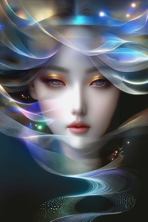 (An abstract depiction of a woman's visage, rendered in the distinctive style of Ayami Kojima, evokes fragmented recollections, while the influence of Yoann Lossel emerges in the intricate, multi-layered figures, the interplay of contrasting tones, and the richly patterned imagery), detailed textures, high quality, high resolution, high Accuracy, realism, color correction, Proper lighting settings, harmonious composition, Behance works, minimalist hologram, DonMH010D15pl4yXL, DonMD1g174l4sc3nc10nXL
