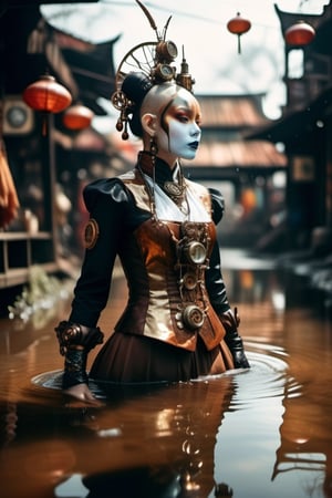 (A Gothic steampunk shaman alien embodying colored voodoo and demiurge symbols, terraformed with biomechanical enhancements, stands in a rust-colored swamp surrounded by a floating gypsy market, Nearby stands a geisha in a textured steampunk outfit, her face as smooth as porcelain, with the bubble water of Liani glass or an elastic, glass-like material, sepia and rust. Digital painting with a color scheme of gold and obsidian filigree, white lace, dramatic lighting that shows sharp contrasts, ultra-fine detail that captures every texture, cinematic quality, mystical), detailed textures, High quality, high resolution, high precision, realism, color correction, proper lighting settings, harmonious composition, Behance works,Chromaspots,HZ Steampunk,photo r3al