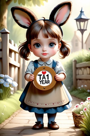 (She's a very cute girl. She's holding a big sign saying ("TA♥ 1year♥":1.5) in both hands. The background is cute in light tones, Beatrix Potter style), detailed texture, high image quality, high resolution, high precision, realism, color correction. , proper lighting settings, harmonious composition, Behance works, text,text as "",sad