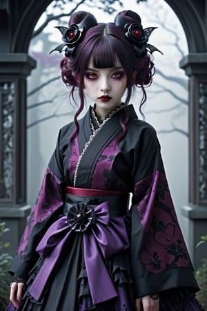 (A fusion of traditional Japanese aesthetics and gothic lolita fashion is depicted in this stunningly dark and horror-inspired image. very bright reddish brown eyes, The subject is a figure wearing an elegant kimono silhouette adorned with intricate gothic motifs, in deep shades of purple, black, and blood red. The image is either a painting or a photograph that exudes a sense of eerie beauty and captivating mystery. Every detail is meticulously crafted, showcasing a perfect balance of elegance and darkness that draws the viewer in with its high-quality presentation), Detailed Textures, high quality, high resolution, high Accuracy, realism, color correction, Proper lighting settings, harmonious composition, Behance works,Anime ,more detail XL,niji5,goth person