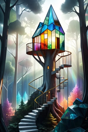 (aerial View of stained glass crystal transparent Treehouses village in a forest. Minimalistic crystal colorful futuristic trehouses architecture art on top trees white crystal marble staircase in every fantasy tree. concept art Surreal. perfect lighting. Digital illustration), Detailed Textures, high quality, high resolution, high Accuracy, realism, color correction, Proper lighting settings, harmonious composition, Behance works