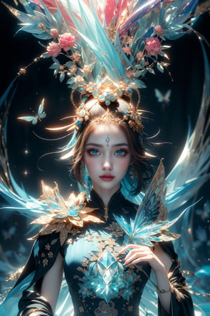 (Esoteric landscape of Hokusai and Anne Bachelier, Elpis, chemiluminescence, Art Nouveau, bright colors, kaleidoscope and prismatic effects, optical illusions 3D art), Detailed Textures, high quality, high resolution, high Accuracy, realism, color correction, Proper lighting settings, harmonious composition, Behance works,1 girl