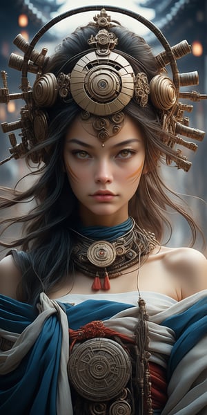 (A mesmerizing combination of futuristic elements and ancient history, this image portrays captivatingly beautiful women in enchanting backgrounds. The primary subject, created in a collaboration between the legendary artists Katsushika Hokusai and Luis Royo, is rich in detail and depth. Whether presented in a painting, photograph, or another medium, the image showcases stunningly rendered women adorned with intricate costumes and adorned with breathtaking accessories. The backgrounds transport viewers to ethereal realms, blending fantastical landscapes with elements of both technological advancements and ancient traditions. Exuding a sense of high quality and artistic mastery, this image delights the eye with its vivid colors, intricate textures, and striking contrasts), Detailed Textures, high quality, high resolution, high Accuracy, realism, color correction, Proper lighting settings, harmonious composition, Behance works,Cinematic,IMGFIX,ct-jeniiii