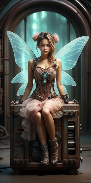 (Biomechanical fairy in aurora dress inside a mechanical box, cyberpunk, futuristic landscape, rusted antique look, steampunk background, filigree, prismatic effect, amazing gel lighting, requiem), Detailed Textures, high quality, high resolution, high Accuracy, realism, color correction, Proper lighting settings, harmonious composition, Behance works,Cinematic,IMGFIX,ct-jeniiii
