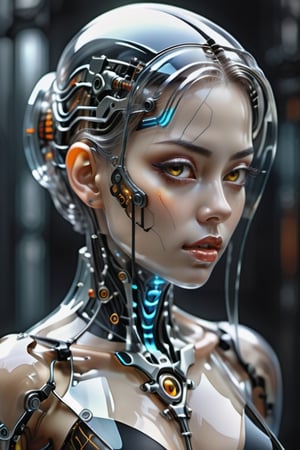 Glass super detailed translucent super super detailed, hyper realistic cyborg gothic girl, forward facing, gothic style, high tech cyborg girl in translucent layered kimono, cyberpunk style, micro details, clear glass intricate details, beautiful Portrait of a person, elegant, highly detailed, digital painting, cyborg style, clear glass skin