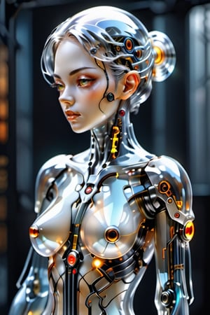 Glass super detailed translucent super super detailed, hyper realistic cyborg gothic girl, forward facing, gothic style, high tech cyborg girl in translucent layered kimono, cyberpunk style, micro details, clear glass intricate details, beautiful Portrait of a person, elegant, highly detailed, digital painting, cyborg style, clear glass skin