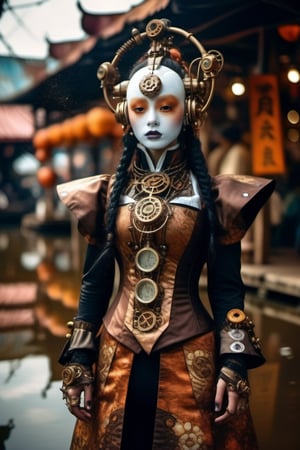 (A Gothic steampunk shaman alien embodying colored voodoo and demiurge symbols, terraformed with biomechanical enhancements, stands in a rust-colored swamp surrounded by a floating gypsy market, Nearby stands a geisha in a textured steampunk outfit, her face as smooth as porcelain, with the bubble water of Liani glass or an elastic, glass-like material, sepia and rust. Digital painting with a color scheme of gold and obsidian filigree, white lace, dramatic lighting that shows sharp contrasts, ultra-fine detail that captures every texture, cinematic quality, mystical), detailed textures, High quality, high resolution, high precision, realism, color correction, proper lighting settings, harmonious composition, Behance works,Chromaspots,HZ Steampunk,photo r3al