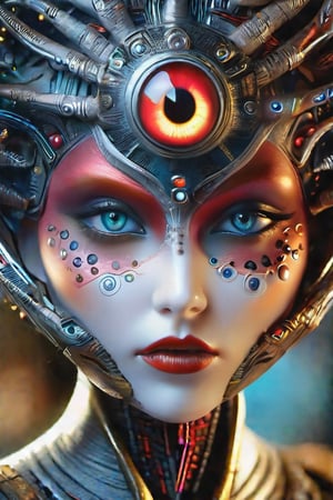 (scary gourgeous shiny porcelain multicolored goddess with red eyes and (large eye on forehead), full body, cybernetic eye implants, compound eyes, super detailed face and eyes, beautiful biomechanical genie, hyper realistic fantasy art, multicolored veins all over body, fantastic details, super-detailed face and eyes, beige tones, hyper-realistic fantasy monster), detailed textures, high quality, high resolution, high Accuracy, realism, color correction, Proper lighting settings, harmonious composition, Behance works,DonMD1g174l4sc3nc10nXL,photo r3al