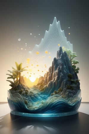 (3D installation, expressive dynamics, highly detailed perfect transparent outline, made of tiny glass dots, smoke effect, sun rays, waves, dynamics, masterpiece, high quality, complex lighting), Detailed Textures, high quality, high resolution, high Accuracy, realism, color correction, Proper lighting settings, harmonious composition, Behance works