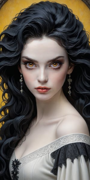 (white porcelain gothic woman upper body portrait, A girl alone, with long black hair, gazes at the viewer. Her yellow eyes are striking, lips slightly parted. She wears a hair ornament, and her makeup accentuates her eyelashes and the realistic portrayal of her features in this portrait), Detailed Textures, high quality, high resolution, high Accuracy, realism, color correction, Proper lighting settings, harmonious composition, Behance works,Leonardo Style,pturbo,A girl dancing 