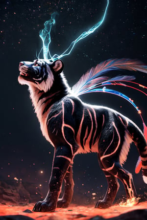 (A majestic tiger in full stride, its veins pulsating with an ethereal glow, charges forward. As it moves, its form begins to crumble into enchanting dust, scattering into the void. This side view captures the creature in stunning detail: the deep hues of its fur, the sparkle in its captivating eyes, and the shimmer of its coat. Rendered in 16k resolution, this photorealistic masterpiece boasts a lifelike CGI diorama with dramatic, natural lighting and reflective catchlights. It's a high-quality CGI VFX work of art, hypermaximalist in style, with holographic and bioluminescent elements set against a dark field of depth, creating a mesmerizing, glowing effect.), Detailed Textures, high quality, high resolution, high Accuracy, realism, color correction, Proper lighting settings, harmonious composition, Behance works