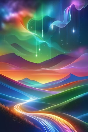 (The night sky, adorned with a mesmerizing cascade of colors from the twinkling dust of shooting stars, presents an epic tableau. The vibrant hues dance over the contours of rolling hills, creating a scene of profound depth and beauty, embodying perfection in the tranquil darkness.), detailed textures, high quality, high resolution, high Accuracy, realism, color correction, Proper lighting settings, harmonious composition, Behance works, minimalist hologram, DonMH010D15pl4yXL, DonMD1g174l4sc3nc10nXL