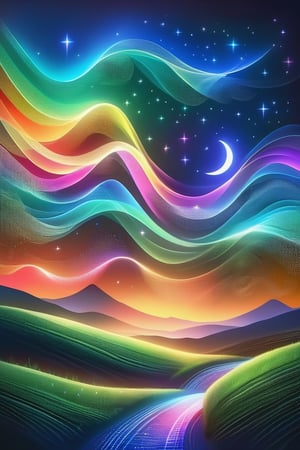 (The night sky, adorned with a mesmerizing cascade of colors from the twinkling dust of shooting stars, presents an epic tableau. The vibrant hues dance over the contours of rolling hills, creating a scene of profound depth and beauty, embodying perfection in the tranquil darkness.), detailed textures, high quality, high resolution, high Accuracy, realism, color correction, Proper lighting settings, harmonious composition, Behance works, minimalist hologram, DonMH010D15pl4yXL, DonMD1g174l4sc3nc10nXL