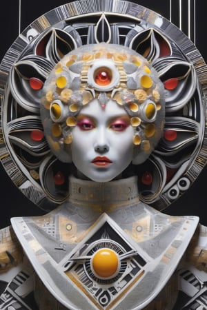 (An astral alien flower blooms, its petals unfolding in a 3D mandala. A porcelain face, tattooed and dotted with inox, reveals a network of tissues, cells, organelles, and macromolecular complexes. Ladybug hovercrafts blend into a cubic motherboard, while spherical ship-sets weave together. Tribal pottery, intricately engraved, sits beside 3D holographic geometric patterns. A Gustav Klimt-inspired palette of white, yellow, red, and gold captures the essence of liquid metal. Oversized, expressive eyes gaze from reflective, gleaming surfaces. Luminescent glass spheres float above a computer code-etched, translucent, mirrored cave floor, where the ambiance merges Art Deco with the vibes of Egon Schiele.), detailed textures, high quality, high resolution, high Accuracy, realism, color correction, Proper lighting settings, harmonious composition, Behance works,DonMD1g174l4sc3nc10nXL,photo r3al