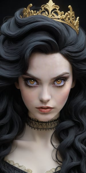 (white porcelain gothic woman upper body portrait, A girl alone, with long black hair, gazes at the viewer. Her yellow eyes are striking, lips slightly parted. She wears a hair ornament, and her makeup accentuates her eyelashes and the realistic portrayal of her features in this portrait), Detailed Textures, high quality, high resolution, high Accuracy, realism, color correction, Proper lighting settings, harmonious composition, Behance works,Leonardo Style,pturbo,A girl dancing 