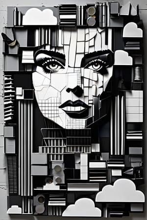 (Masterpiece poster of a woman's portrait made from recycled art made from junk. Beautiful, innovative, black and white chrome), Detailed Textures, high quality, high resolution, high Accuracy, realism, color correction, Proper lighting settings, harmonious composition, Behance works,sad