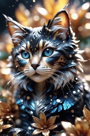 (fantastically beautiful gothic museum collection of tropical cat, swirl of sparks, fantasy art, ultra detail, hyperrealism, glitter and shimmer, paisley, floral print, fine details, bokeh and shimmering dust, fog, dark world, paint splatter, black/beige, Miki Asai Macro photography, close-up, hyper detailed, trending on artstation, sharp focus, studio photo, intricate details, highly detailed), detailed textures, high quality, high resolution, high Accuracy, realism, color correction, Proper lighting settings, harmonious composition, Behance works,shards,glass shiny style,glass