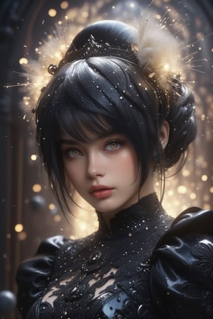 (fantastically beautiful gothic museum collection of tropical female, swirl of sparks, fantasy art, ultra detail, hyperrealism, glitter and shimmer, paisley, floral print, fine details, bokeh and shimmering dust, fog, dark world, paint splatter, black/beige, Miki Asai Macro photography, close-up, hyper detailed, trending on artstation, sharp focus, studio photo, intricate details, highly detailed), detailed textures, high quality, high resolution, high Accuracy, realism, color correction, Proper lighting settings, harmonious composition, Behance works,shards,yorha2b