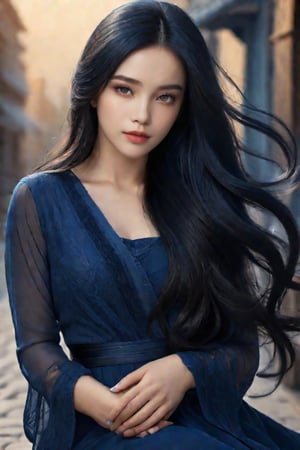 (Stunningly beautiful woman, dark blue soft long hair, flexible waist, gentle breeze), Detailed Textures, high quality, high resolution, high Accuracy, realism, color correction, Proper lighting settings, harmonious composition, Behance works,sad