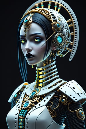 (Mechanical girl, ultra-realistic detailed portraits, turn around like stop-motion, multiple exposures, global illumination, shadows, metal, highly intricately detailed ornaments, cold colors, Egyptian details, realistic lighting, VFX, glowing eyes, neon details, mechanical vertebrae attached to the back, mechanical cervical vertebrae attached to the neck), Detailed Textures, high quality, high resolution, high Accuracy, realism, color correction, Proper lighting settings, harmonious composition, Behance works,Anime ,more detail XL,niji5,goth person,LegendDarkFantasy