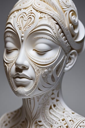 (An intricate sculpture with patterns that appear to float and revolve around a central female face with closed eyes. Predominantly white or light in color to highlight the finely crafted details. Create a dynamic effect with patterns that give the impression of movement), detailed textures, High quality, high resolution, high precision, realism, color correction, proper lighting settings, harmonious composition, Behance works,1 girl