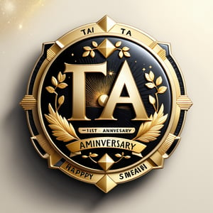 (Designed by Hokusai and Moebius. Beautiful shiny black and gold badge. Glittering Art Deco design. Decorative lettering "TA", "1st Anniversary", Light-toned background), detailed texture, high image quality, high resolution, high precision, realism, color correction. , proper lighting settings, harmonious composition, Behance works, text as ""