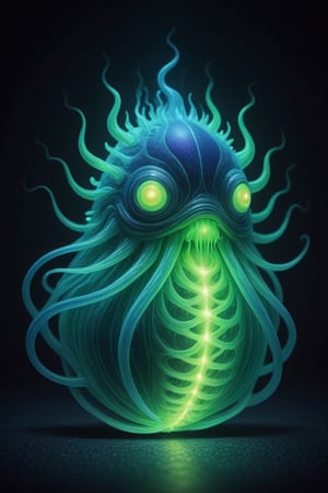 (A fervently pulsating amoeba blob creature, its electrifying energy visible through vibrant hues of neon greens and electric blues. In a high contrast photograph, the creature appears to be emitting light from within, creating a mesmerizing glow against a dark background. The image quality is stunning, capturing every intricate detail of the creature's shimmering, iridescent surface. This captivating image draws viewers into the fantastical realm of a mysterious and otherworldly organism), Detailed Textures, high quality, high resolution, high Accuracy, realism, color correction, Proper lighting settings, harmonious composition, Behance works,APEX colourful ,DonM3l3m3nt4lXL