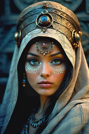 (Priestess clad in the intricate patterns of Sacred Geometry, standing with ethereal reverence, bathed in cinematic lighting that carves out her form with autochrome photography precision, face etched with meticulously rendered details, pupils that capturearcane wisdom, skin rendered with a soft, tactile allure, combining the artistic styles of Ute Mahler and Frank Frazetta, showcasing an award-winning mastery in a photore), detailed textures, high quality, high resolution, high Accuracy, realism, color correction, Proper lighting settings, harmonious composition, Behance works,photo r3al,ct-niji3
