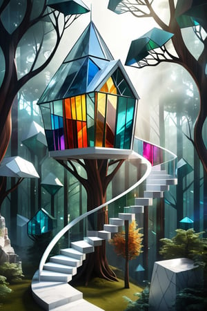 (aerial View of stained glass crystal transparent Treehouses village in a forest. Minimalistic crystal colorful futuristic trehouses architecture art on top trees white crystal marble staircase in every fantasy tree. concept art Surreal. perfect lighting. Digital illustration), Detailed Textures, high quality, high resolution, high Accuracy, realism, color correction, Proper lighting settings, harmonious composition, Behance works