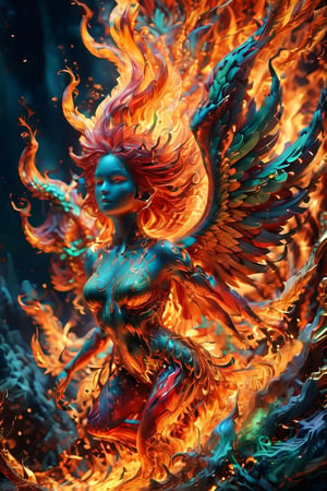 (In a stunningly surreal depiction, the concept of reincarnation is brought to life through a mesmerizing display of vibrant colors and intricate details. A majestic phoenix, symbolizing rebirth and renewal, is portrayed in a hyper-realistic painting. Its fiery feathers burst with hues of gold, crimson, and emerald, while its piercing eyes seem to hold the wisdom of ages. The artist's masterful brushstrokes capture every intricate detail, creating a truly captivating and exquisite image that leaves viewers in awe of the beauty and power of the cycle of life and death), Detailed Textures, high quality, high resolution, high Accuracy, realism, color correction, Proper lighting settings, harmonious composition, Behance works,DonMF41ryW1ng5XL