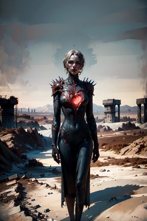 (A woman stands in the center of a human heart, surrounded by pulsing veins and arteries. The background is a desolate wasteland, with a stark contrast between the vibrant heart and the bleak landscape.majority), Detailed Textures, high quality, high resolution, high Accuracy, realism, color correction, Proper lighting settings, harmonious composition, Behance works,more detail XL