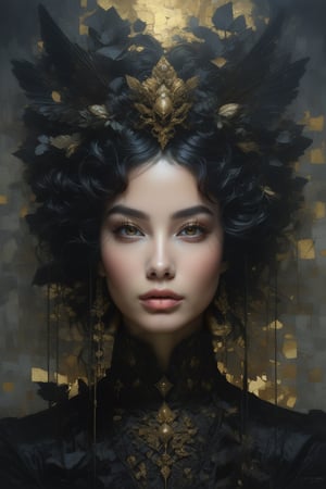 (An abstract depiction of a woman's visage, rendered in the distinctive style of Ayami Kojima, evokes fragmented recollections, while the influence of Yoann Lossel emerges in the intricate, multi-layered figures, the interplay of contrasting tones, and the richly patterned imagery), detailed textures, high quality, high resolution, high Accuracy, realism, color correction, Proper lighting settings, harmonious composition, Behance works,shards
