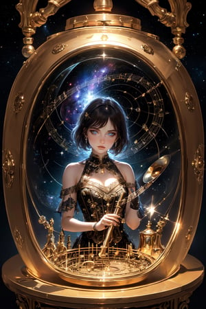 (An image is envisioned that delves into the celestial orchestra of the cosmos, depicting stars that shimmer like musical notes within the grand symphony of the universe, all mirrored within the essence of a woman.), detailed textures, High quality, high resolution, high precision, realism, color correction, proper lighting settings, harmonious composition, Behance works,Chromaspots,HZ Steampunk,photo r3al,Clear Glass Skin