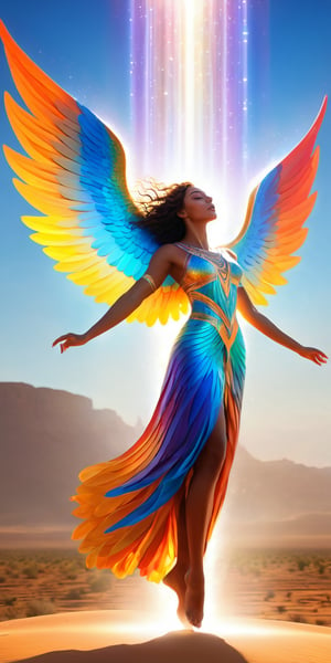 (The goddess Ma'at, with her wings outstretched towards the horizon, embodies the desert sunrise. She is a vision of stunning beauty, a mythical being radiating energy at the molecular level. Her iridescent and luminescent scales are a testament to breathtaking beauty and pure perfection. Her divine presence is unforgettable and impressive, enhanced by the volumetric light that creates auras and rays, reflecting vivid colors in a spectacular display.), Detailed Textures, high quality, high resolution, high Accuracy, realism, color correction, Proper lighting settings, harmonious composition, Behance works,Leonardo Style,pturbo,A girl dancing 