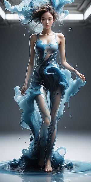 (A translucent, watery figure of a slender woman with pale, liquid skin and a perfect face stands before you. Her body, exquisite in detail, is captured from a low angle, giving a close-up view from the ground near her feet. She strikes a sensual pose on all fours, reminiscent of Alberto Seveso's splash art. The muted blue monochrome adds a minimalist touch, while curvy shapes move rhythmically, showcasing volume and fluid dynamics. This figure traverses an empty, uninterrupted expanse, a backgroundless atmosphere that's enveloped by swirling, translucent liquid splashes. The whimsical white and blue hues create a neon atmosphere, contrasting with abstract black oil and gear mechanics. Intricate acrylic and grunge textures add to the intricate complexity, all rendered with Unreal Engine for a photorealistic effect), Detailed Textures, high quality, high resolution, high Accuracy, realism, color correction, Proper lighting settings, harmonious composition, Behance works,Cinematic,IMGFIX,ct-jeniiii