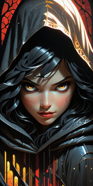(Mail art featuring a fantasy fairytale theme, with detailed splatter ink and a dynamic poster design in comic style on cracked paper. The artwork is in black tones, showcasing a close-up of a beautiful, black-haired white teenage girl wearing a black hood. Her expression is mysterious and serious, captured in a close macro portrait with a dynamic pose. The lighting accentuates her face, creating a play of shadows, and her eyes are a sharp, glowing red. The piece is reminiscent of the styles of James Jean, Craola, Andy Kehoe, Dorian Vallejo, Damian Lechoszest, and Todd Lockwood, with elements of patchwork, stained glass, and storybook illustrations. It is a highly detailed work with intricate poses and tiny, masterful details, boasting high quality and intricate lighting effects, akin to luminism), Detailed Textures, high quality, high resolution, high Accuracy, realism, color correction, Proper lighting settings, harmonious composition, Behance works,Leonardo Style,pturbo,A girl dancing 
