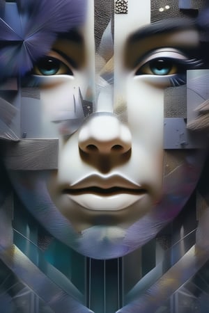 (An abstract painting of a woman's face, in the style of Satoru Takizawa, fragmented memories, and Yoann Lossel, multi-layered figures, divided tones, densely patterned images), detailed textures, high quality, high resolution, high Accuracy, realism, color correction, Proper lighting settings, harmonious composition, Behance works,DonMD1g174l4sc3nc10nXL,photo r3al