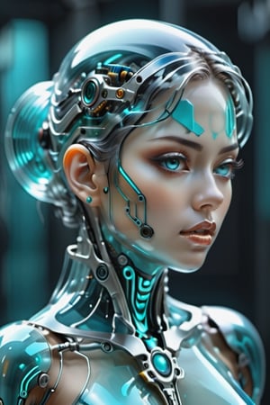 Glass super detailed translucent super super detailed, hyper realistic cyborg gothic girl, Tiffany Blue, forward facing, gothic style, high tech cyborg girl in translucent layered kimono, cyberpunk style, micro details, clear glass intricate details, beautiful Portrait of a person, elegant, highly detailed, digital painting, cyborg style, clear glass skin