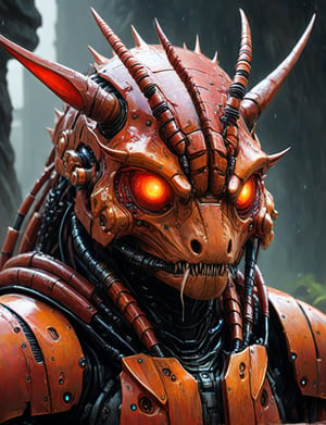 (head and shoulders portrait:1.4), rabbit ears,  red armored traditional cybernetic centipede with glowing orange eyes, traditional centipede inspired , (2d:1.4), ink (medium), 2D illustration,  detailed  painting, epic comic book art, intricate and intense oil paint, dark sci-fi background, (art by James Gurney and John Berkey :1.4), symmetrical features, triadic color scheme, muted colors, detailed