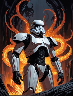 The Shadowflame leviathan stormtrooper wreathed in shadowy flames, its eyes glowing with an eerie light, massive tentacles, mix of bold dark lines and loose lines, bold lines, (2d:1.3), ink (medium), dark background, 2D illustration,  detailed  painting, epic comic book art, intricate and intense oil paint (art by Syd Mead:1.2), symmetrical features, triadic color scheme, muted colors, detailed, (art by bruce mccall:1.6)