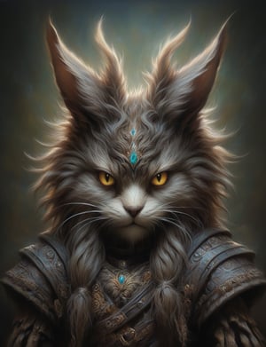 Close up, head and shoulders portrait, single anthropomorphic Hybrid creature (maine coon cat:0.8) fused with (wolpertinger:2.6), oni samaurai, glowing eyes, symmetrical featuers, (leather armor1.5) , (oil painting:2), thin and smooth lines, long strokes, light and delicate tones, clear contours, cinematic quality, dark background, dramatic lighting, art by Jeremy Mann, Peter Elson, Alex Maleev, Ryohei Hase, Raphael Sanzio, Pino Daheny, Charlie Bowater, Albert Joseph Penot, Ray Caesar, highly detailed, hr giger, gustave dore, Stephen Gammell, masterpiece of layered portrait art, techniques used: sfumato, chiaroscuro, atmospheric perspective, oil paint , esao andrews, oil painting ,style, concept